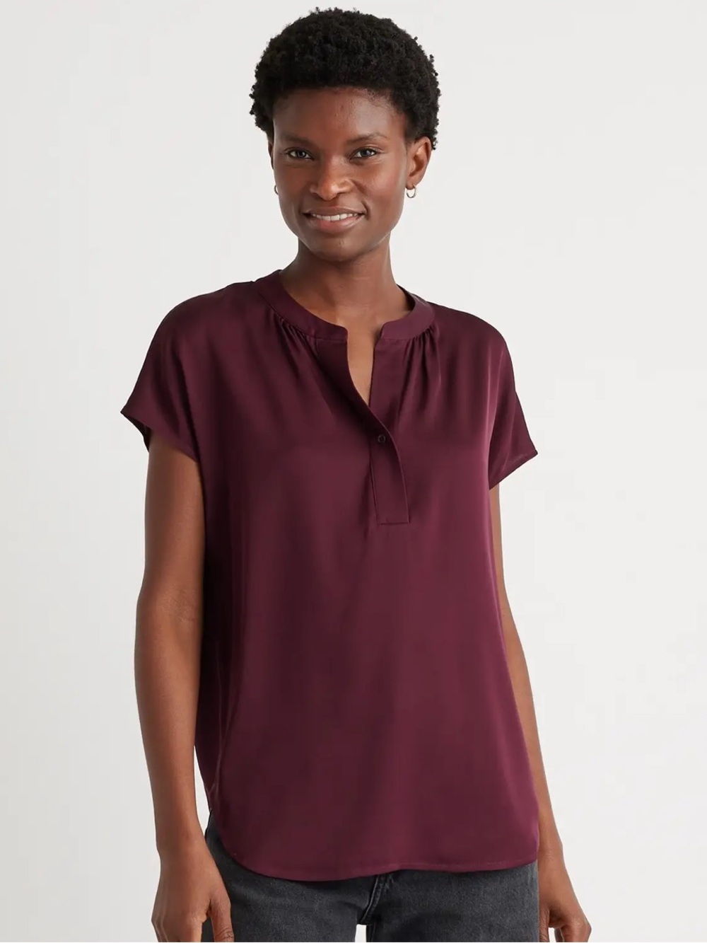 Quince Washable Stretch Silk Dolman Sleeve Blouse in Wine Tasting Red